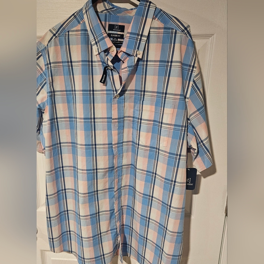 George Men's Blue and Pink Plaid Button Down Shirt